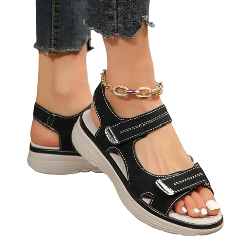 YLXCKGS Sandalen Damen Sommer Hakenschleife Sandalen Frauen Sommer Leder Leichte Freizeit Keilplattform Schuhe Mädchen Außerhalb Anti-Slide-Schwarz-42 von YLXCKGS