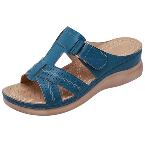 YLXCKGS Sandalen Damen Sommer Keilsandalen Premium Orthopädische Offene Toe Vintage Anti-Rutsch Leder Lässig Weibliche Plattform Retro Schuhe-Blau-36 von YLXCKGS