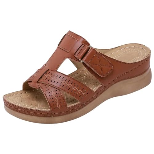 YLXCKGS Sandalen Damen Sommer Keilsandalen Premium Orthopädische Offene Toe Vintage Anti-Rutsch Leder Lässig Weibliche Plattform Retro Schuhe-Dunkelbraun-35 von YLXCKGS