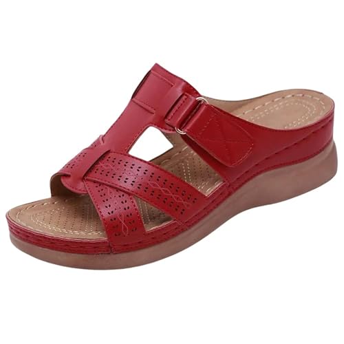 YLXCKGS Sandalen Damen Sommer Keilsandalen Premium Orthopädische Offene Toe Vintage Anti-Rutsch Leder Lässig Weibliche Plattform Retro Schuhe-Rot-39 von YLXCKGS