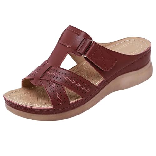 YLXCKGS Sandalen Damen Sommer Keilsandalen Premium Orthopädische Offene Toe Vintage Anti-Rutsch Leder Lässig Weibliche Plattform Retro Schuhe-Rotwein-44 von YLXCKGS