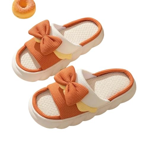 YLXCKGS Sandalen Damen Sommer Leinenschuhe Innenkomzy Anti-Rutsch-Baumwollschuhe Süße Bogenknoten-Flache Paare Objektträger Frühling-Orange-36-37 von YLXCKGS