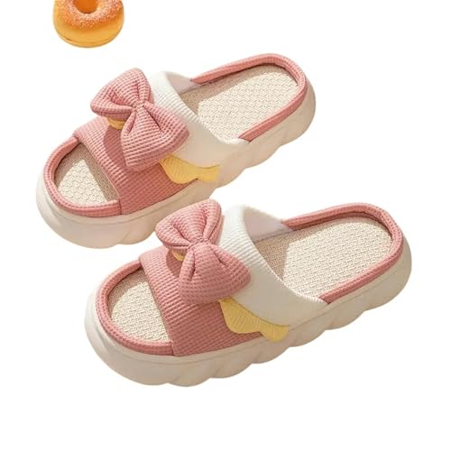 YLXCKGS Sandalen Damen Sommer Leinenschuhe Innenkomzy Anti-Rutsch-Baumwollschuhe Süße Bogenknoten-Flache Paare Objektträger Frühling-Rosa-38-39 von YLXCKGS