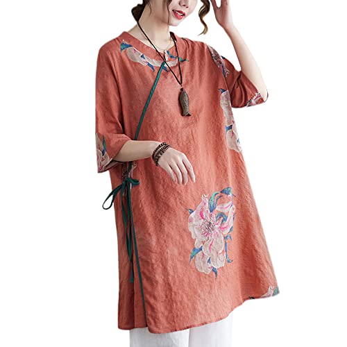 Traditionelle chinesische Froschknöpfe, V-Ausschnitt, Qipao-Oberteil, unregelmäßiger Saum, 3/4-Ärmel, Blusenshirt, Midi-Länge, rostiges Rot, XX-Large von YM YOUMU