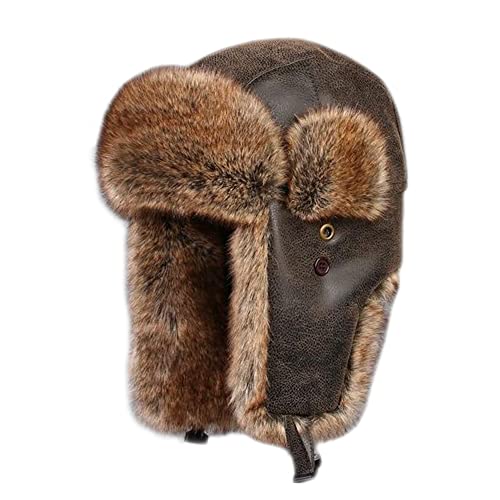 Unisex Vintage Leder Trapper Hüte mit Fell Ohrenklappen Winter Skifahren Cap mit Gurt, Braun-braunes Fell, M von YM YOUMU