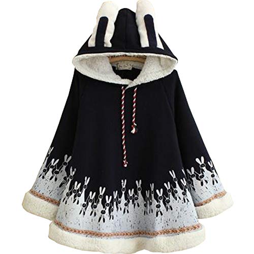 YM YOUMU Damen Mädchen Umhang Cape Mantel Winter Fleece Ohr Kapuze Baggy Poncho Japanisch Kawaii, marineblau, Einheitsgröße von YM YOUMU