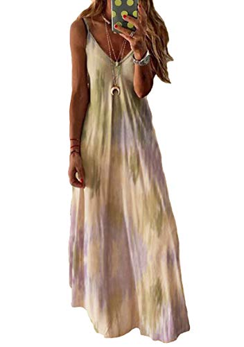 Yming Damen Boho Freizeitkleid V-Ausschnitt Kleid Casual Ärmellos Kleid Gelb XL von Yming