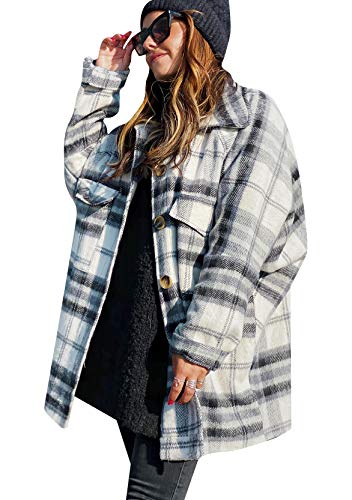 Yming Damen Casual Karomantel Kariertes Jacke Langarm Holzfällerjacke Lang Plaid Mantel Schwarz-Weiß Kariert XL von Yming