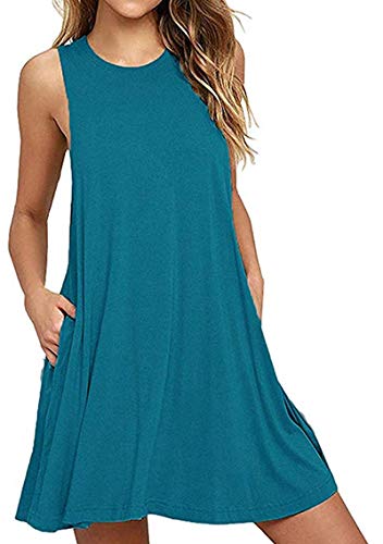 Yming Damen Kleid Ärmelloses T-Shirt Kleid Rundhals Lässiges Sommerkleid Pfauenblau S von Yming