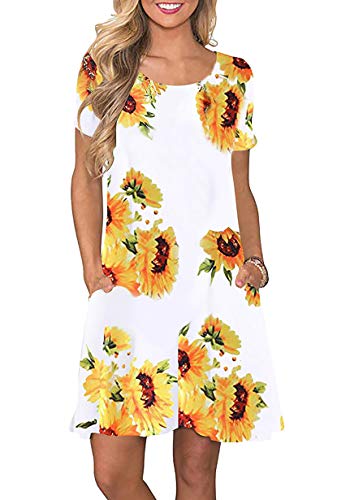 Yming Frauen Kurzarm Kleid mit Taschen Kleid Lose T-Shirt Kleid Rundhals Mini Kleid Weiß Sonnenblume M von Yming