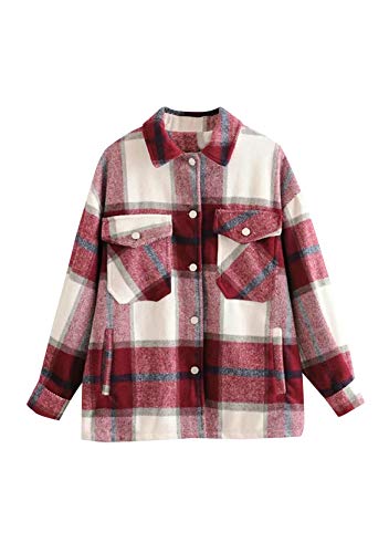 Yming Frauen Langarm Kariertes Holzfällerhemd Vintage Plüsch Fleece Karo Boyfriend Shirts F-Bordeaux S von Yming