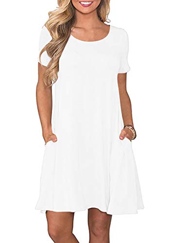 Yming Frauen Rundhals Sommerkleid Lose Shirt Kleid Casual Mini Kleid mit Taschen Weiß S/DE 36-38 von Yming