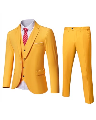 YND Herren Slim Fit 3-teiliger Anzug, Ein-Knopf, solide Jacke, Weste, Hose Set mit Krawatte, gelb, XX-Large von YND
