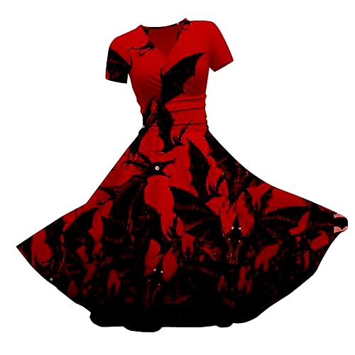 Halloween Damen Rot O-Ausschnitt Langarm Halloween Shirt Damen Oversized Petticoat Kleid Kostüme für Jungfrau für Bankett von YNIEIAA