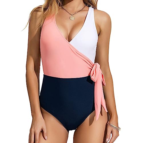 YNIQUE Damen Badeanzug Bauchweg Farbblock Geknotete Einteilige Bademode V Ausschnitt Einteiler Badeanzüge Push Up Swimsuit von YNIQUE