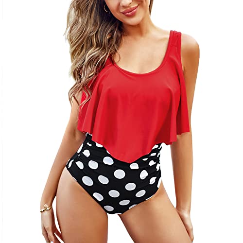 YNIQUE Damen Bikini Set Zweiteilig V Ausschnitt Badeanzug Damen Bauchweg Tankini Set Rüschen high Waist Bademode Blumenmuster von YNIQUE