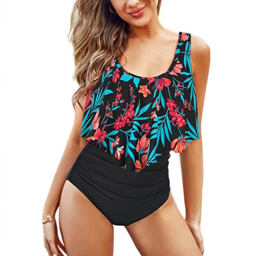 YNIQUE Damen Bikini Set Zweiteilig V Ausschnitt Badeanzug Damen Bauchweg Tankini Set Rüschen high Waist Bademode Blumenmuster von YNIQUE