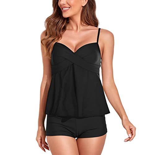 YNQFZ Damen Bauchweg Badeanzug Bedruckt Tankini Set Zweiteiliger Badeanzug Push up Sexy Swimsuit Beachwear Mit Bikini (as3, Alpha, l, Regular, Regular, Schwarz) von YNQFZ