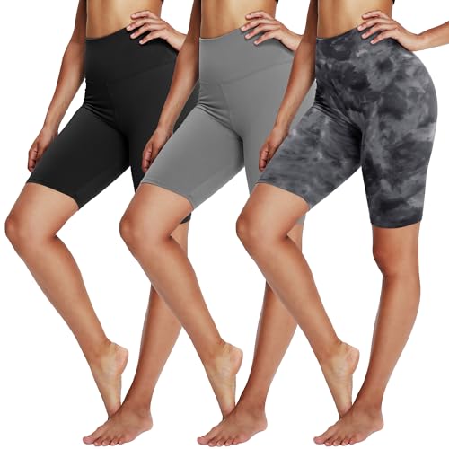 YOLIX Buttery Soft Biker Shorts für Damen, 20,3 cm hohe Taille, Yoga, Workout, Athletische Sportshorts, 3er-Pack, 01-schwarz/dunkelgraugrau Tie-Dye, L/XL von YOLIX