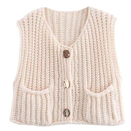 YOMACY Damen Ärmellos Crop Knit Cardigan Grobstrick Ärmellos Cropped Button Sweater Weste Ärmellos Sweater Weste mit Taschen, weiß, XL YOMACY Damen Ärmellos Crop Knit Cardigan Grobstrick Ärmellos Cropped Button Sweater Weste Ärmellos Sweater Weste mit Taschen, weiß, XL von YOMACY