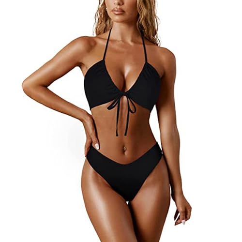 YOMORIO Bikini Damen Set, Sexy Triangel String Bikini V Ausschnitt 2tlg Falten Tanga Bikinis Bikini Damen Set Sexy Knot Triangel Breites Unterbrustband Bademode Zweiteiliger Badeanzug von YOMORIO