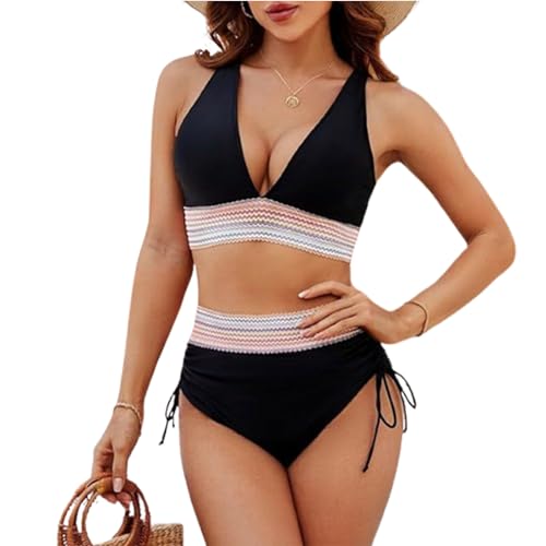 YOMORIO Damen Bikini Set, Zweiteiliger Badeanzug Bauchweg V Ausschnitt überkreuztes Bikini Bademode Bauchkontrolle High Waist Swimsuit Sexy Bikini Sets Push Up Strapazierfähiger Sport-Bikini von YOMORIO