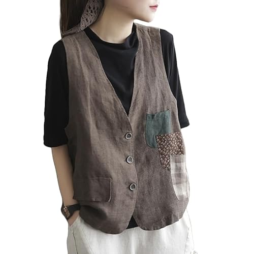 YONGHONGKEJI Anzugweste für Damen,Damen Weste Aus Reinem Leinen Retro Ärmellos Leinen Button Down Anzugweste Drei Taschen Sommer V Ausschnitt Bauchfreies Top Leichter Sommermantel Khaki Xl YONGHONGKEJI Anzugweste für Damen,Damen Weste Aus Reinem Leinen Retro Ärmellos Leinen Button Down Anzugweste Drei Taschen Sommer V Ausschnitt Bauchfreies Top Leichter Sommermantel Khaki Xl von YONGHONGKEJI