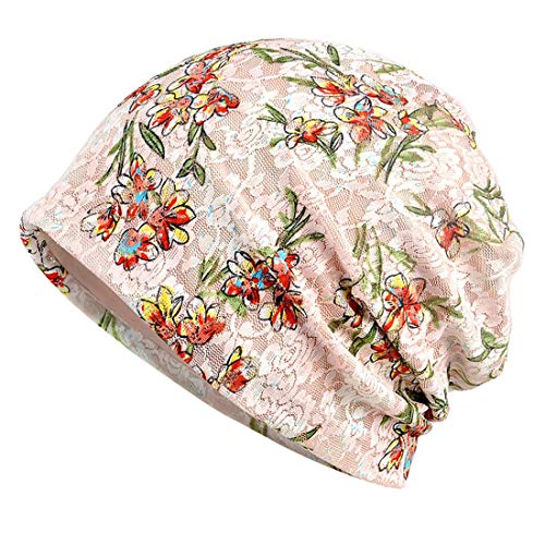 YONKOUNY Chemo Hut Damen Baumwolle Spitze Weich Slouchy Turban Beanie Hut Mütze Blumen Kopfbedeckungen Krebs Cap (Beige) von YONKOUNY