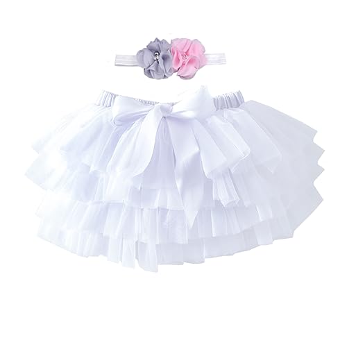 YONKOUNY Baby Mädchen Tutu Rock Prinzessin Tüllrock Minirock Baby Fotoprops Reifrock Ballettrock für Fotografie Geburtstag + Stirnband(Weiß,S) von YONKOUNY