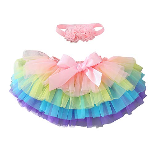 YONKOUNY Baby Mädchen Tutu Rock Prinzessin Tüllrock Minirock Baby Fotoprops Reifrock Ballettrock für Fotografie Geburtstag + Stirnband (Colourful, 2-3 Jahre) von YONKOUNY