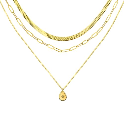 YONVUN Ketten Set Layering Dreifach Halskette Damen aus Edelstahl in Silber, 18k Gold & Roségold, Wasserfest & Hautverträglich mit Anhänger, 40-55 cm Länge verstellbar Schmuck Set Geschenk von YONVUN