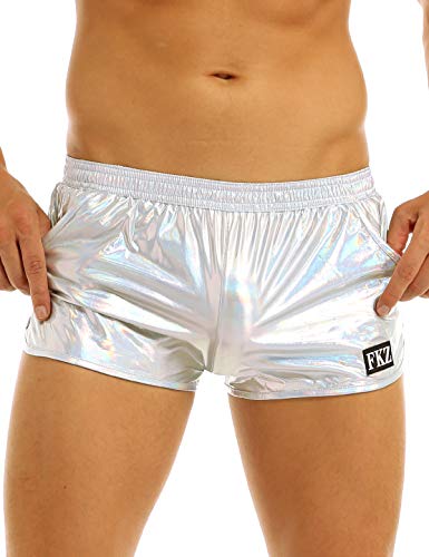 YOOJIA Herren Metallic Shorts Shiny Badehose Kurze Hose Sport Gym Boxershorts Retroshorts Jungen Lockere Trunks Silber L von YOOJIA