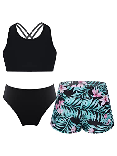 YOOJIA Kinder Mädchen Bikini Tankini Set 3 Teiliger Bademode Schwimmanzug Ärmelloses Tank Top Badeshorts und Slips Schwimmen Strandkleidung Lilie 134-140 von YOOJIA