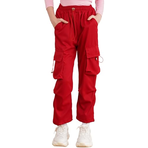 YOOJIA Kinder Mädchen Cargohose Mit Taschen Jogginghose Jogger Streetwear Sporthose Lange Hosen für Mädchen Alltag Gr. 104-164 P Rot 146-152 von YOOJIA