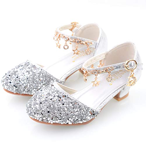 YOSICIL Mädchen Prinzessin Schuhe ELSA Schuhe mit Absatz Anhänger Kinder Sandalen Strass Kristall Schuhe Partei Glitzer Pumps Pailletten Festliche Feier Karneval Party Fasching Größe 26-38 von YOSICIL