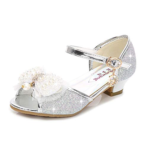 YOSICIL Mädchen Prinzessin Schuhe ELSA Schuhe mit Absatz Glitzer Schuhe Kinder Kristall Pumps Mädchen Kostüm Zubehör Schuhe Hochzeitsschuhe Lila Blau Pink Golden Silber in Größe 26-38 von YOSICIL