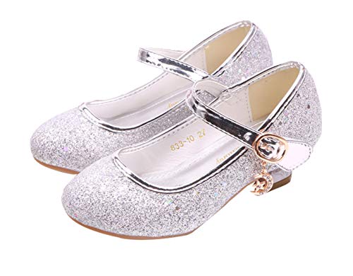 YOSICIL Mädchen Schuhe Prinzessin Schuhe Festliche Schuhe Niedriger Absatz Glitzer Schuhe Kinder Hochzeit Schuhe zum Abendkleid Fasching Halloween Karneval Tanzball Party,Silber,32 von YOSICIL