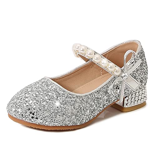 YOSICIL Prinzessin Mädchen Kinder Schuhe mit Absatz Heels Sandalen mit Schleifen Perle Sommer Pailletten für Weihnachten Hochzeit Geschenk Geburtstag Festival Cosplay Halloween, Silber, 31 von YOSICIL