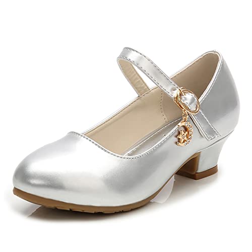 YOSICIL Prinzessinnenschuhe Mädchen Kinder Elegant Sandalen mit Absatz Mary Jane Schuhe mit Anhänge Pumps Ballerina Festlich für Partys Geburtstag Geschenk Festival Alltag Hochzeit, Silber, 32 von YOSICIL