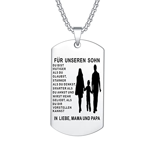 YOTHIWAD Halskette für Unseren Sohn Dog Tag Kette An Unseren Sohn Halskette mit Gravur Inspirierend Text Geschenk für Sohn von Mama Papa(Silber) von YOTHIWAD