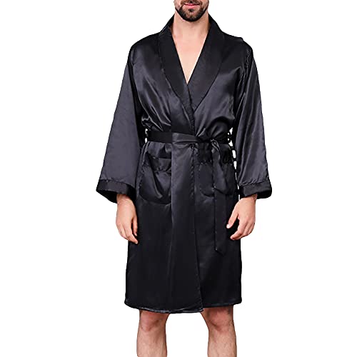 YOUCAI Herren Kimono Satin Robe Langarm Nachtwäsche Negligee Lang Sleepwear V Ausschnitt mit Gürtel,Einteiliges Seidennachthemd Sommer Dünnes Langärmeliges Nachthemd,Schwarz,3XL von YOUCAI