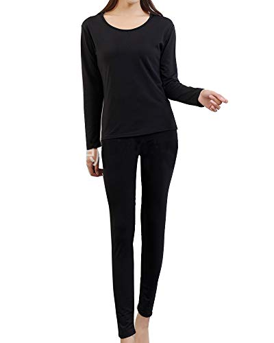 YOUCAI Damen Übergröße Winter Warm Thermo-Unterwäsche-Anzug Ultra weich Einfarbig Rundhalsausschnitt-Tops Thermohemd und Thermounterhose Set Skiunterwäsche mit Innenfleece Schwarz 6XL von YOUCAI