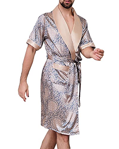 YOUCAI Herren Morgenmantel Kimono Bademantel Satin Lang Nachtwäsche Robe Gedruckt Strickjacke Japanische Pyjamas Nachtwäsche V Ausschnitt mit Taschen und Gürtel,Blau Golden,L von YOUCAI