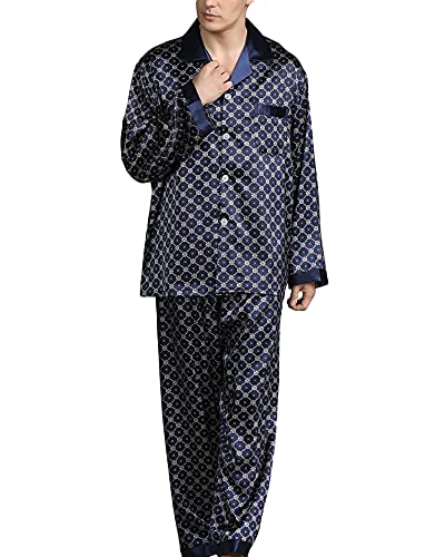 YOUCAI Herren Satin Pyjama Set,Zweiteiliger Bedruckt Schlafanzug Langarm Shirt und Pyjamahose,Frühling,Sommer Und Sommer Langarm-Anzug Plus Size Pyjama,Dunkel Blau,XXL von YOUCAI