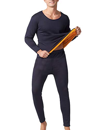 YOUCAI Herren Thermo Unterwäsche Set Goldsamt Fleece gefüttert Warm Winter Langarmhemd mit Rundhalsausschnitt Oberteil und Leggings Thermohose Unterhose mit Innenfleece Marine 6XL von YOUCAI