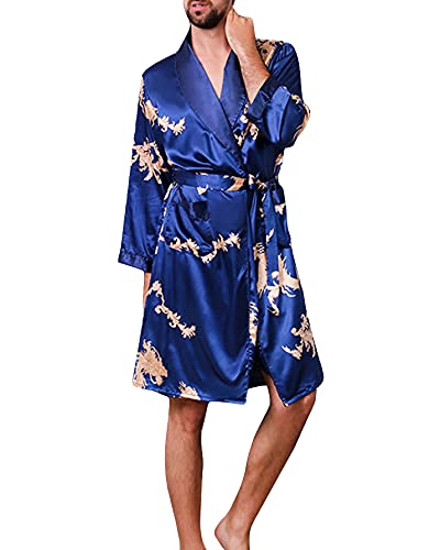 YOUCAI Satin Bademantel mit Hose Herren Seide Morgenmantel Leicht Kimono Lang Hausmantel Satin Robe Sommer Dünner Langärmeliger Pyjama,Blau,5XL von YOUCAI