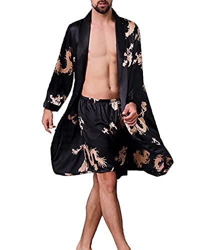 YOUCAI Satin Bademantel mit Hose Herren Seide Morgenmantel Leicht Kimono Lang Hausmantel Satin Robe Sommer Dünner Langärmeliger Pyjama,Schwarz,5XL von YOUCAI