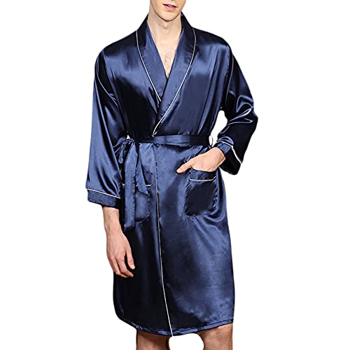 YOUCAI Schlafrock Kimono Herren Männer Pyjama Frühling Sommer Herbst Schlafanzug Satin Weich Gemütlich Lange Ärmel Sleepwear Modern Schlafshirt Casual Morgenmantel Sleepshirt,Blau2,M von YOUCAI