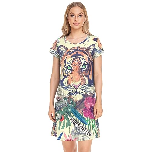 YOUJUNER Damen Nachthemd Indian Tiger Face Feder Nighties Nachthemd Kurzarm Nachthemd Nachtwäsche Loungewear T-Shirt Kleid, mehrfarbig, 42 von YOUJUNER