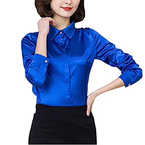 YOUMU Damen Satin Seide Langarm Button-down Hemd Formelle Arbeit Seidige Bluse Top (Saphir, EU M(Etikett XL)/ Büste: 38,6 ") von YM YOUMU
